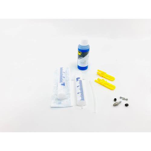 Brake fluid components and a bottle on a white background