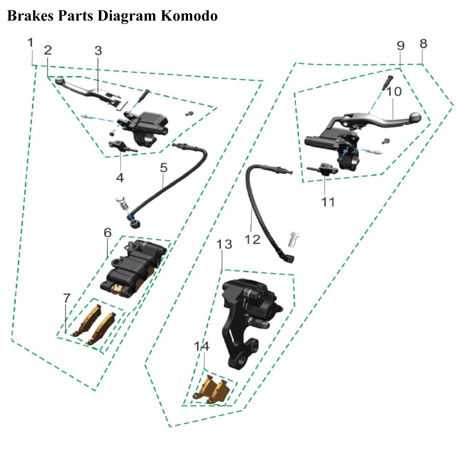 Diagram of Komodo brake parts labeled on a white background