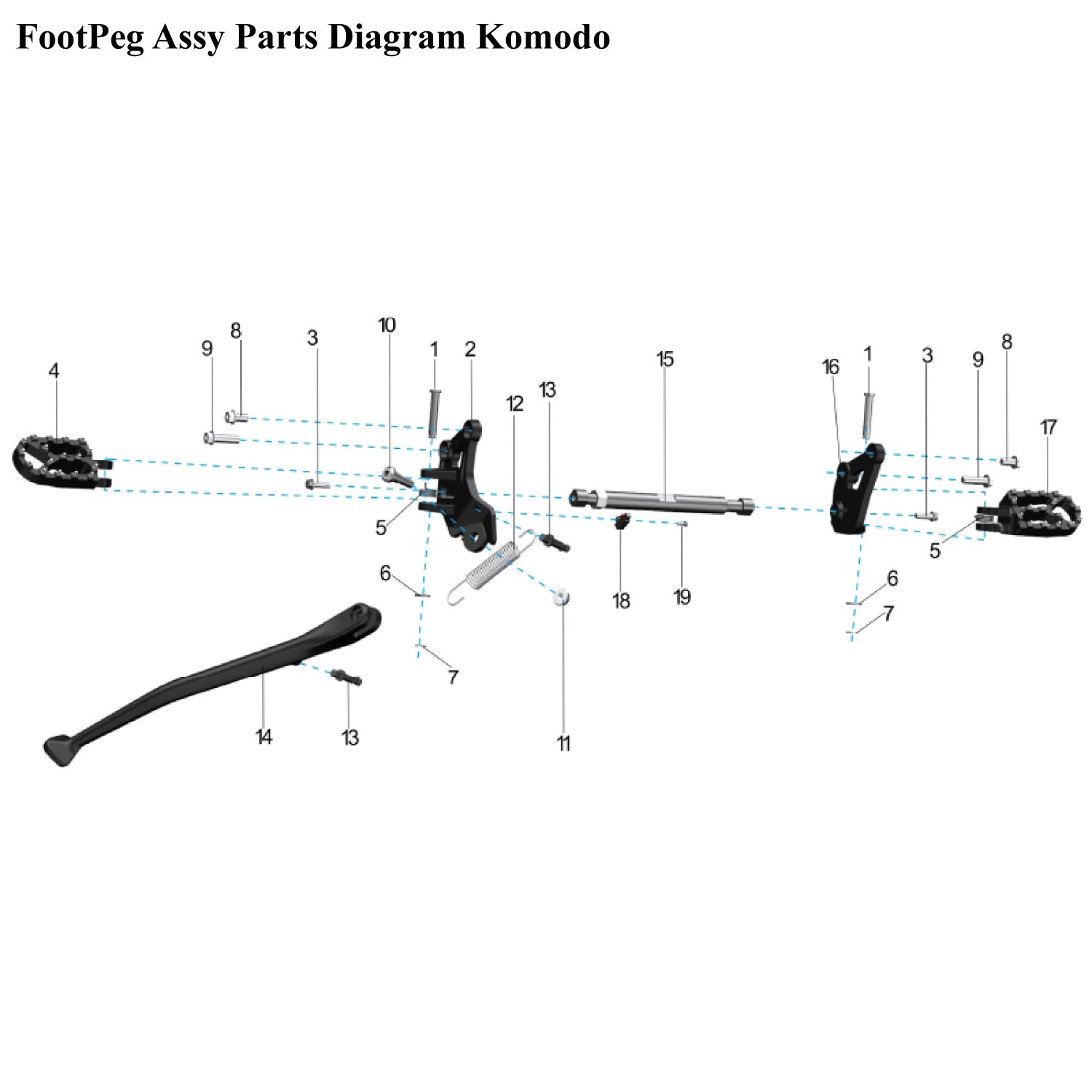 Diagram of footpeg assembly parts for Komodo on a white background