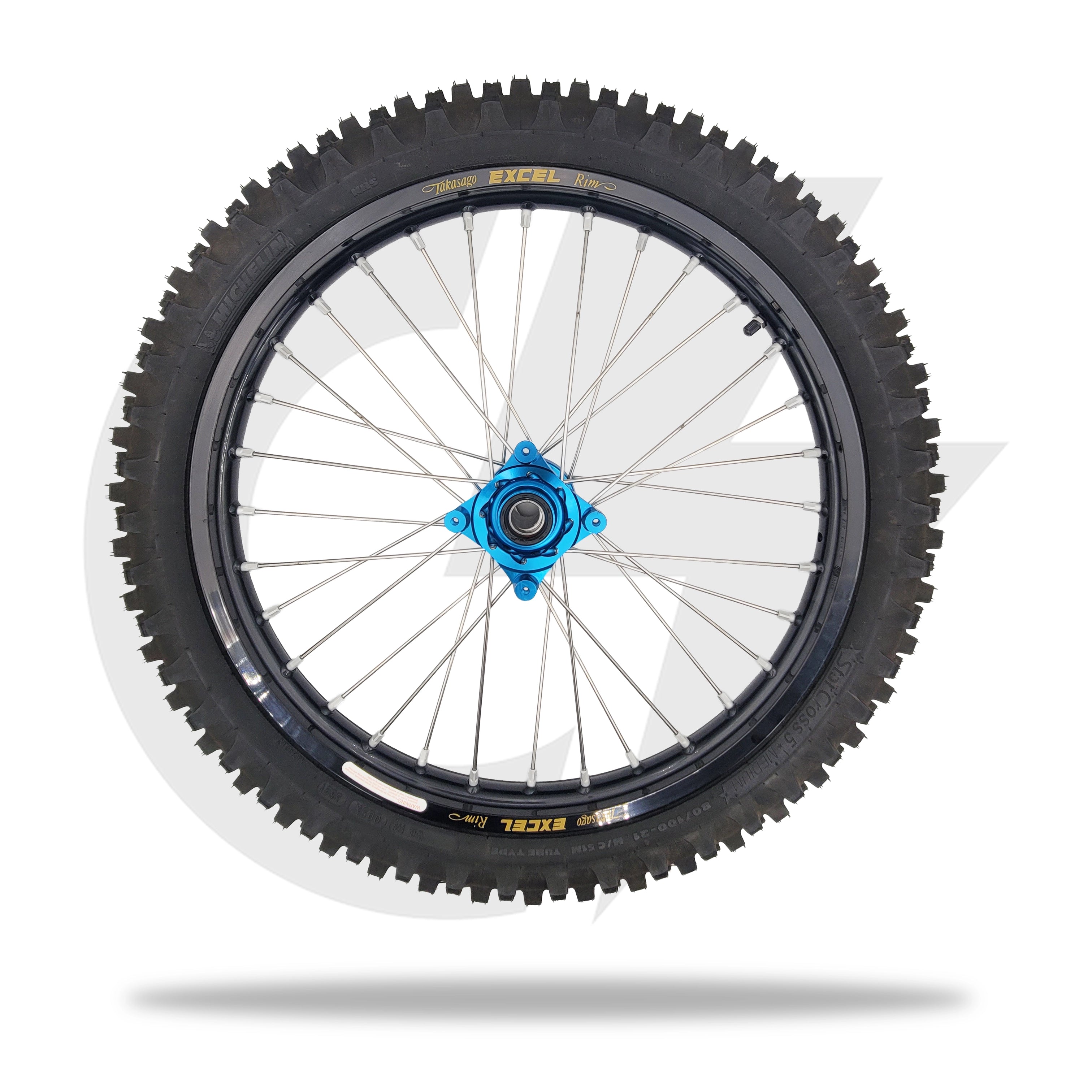 Excel black rim and blue hub rim with mounted tire