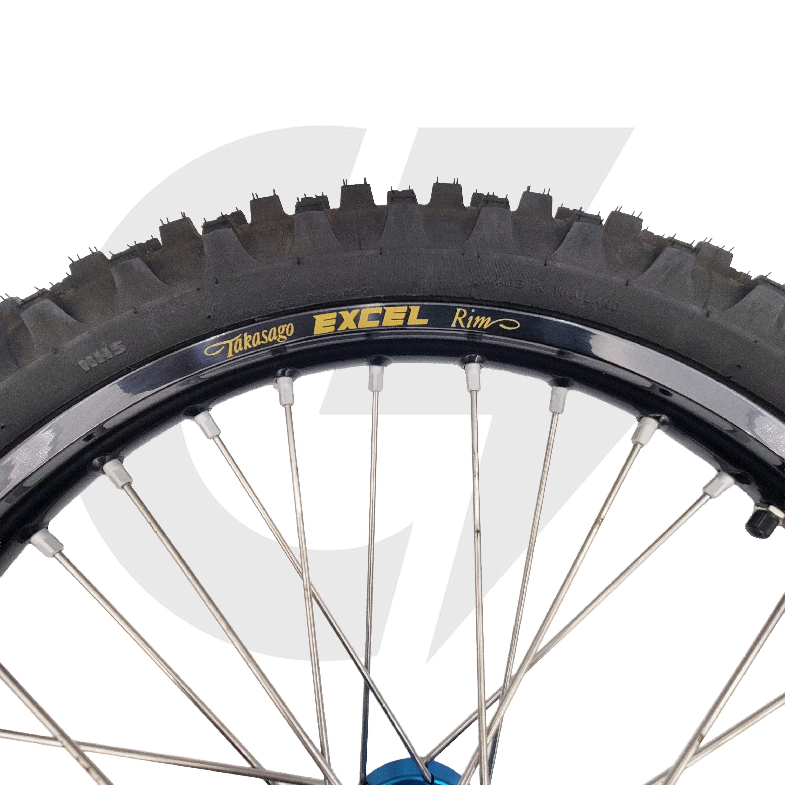 Close-up of a bicycle wheel with Excel tire and rim, on a white background