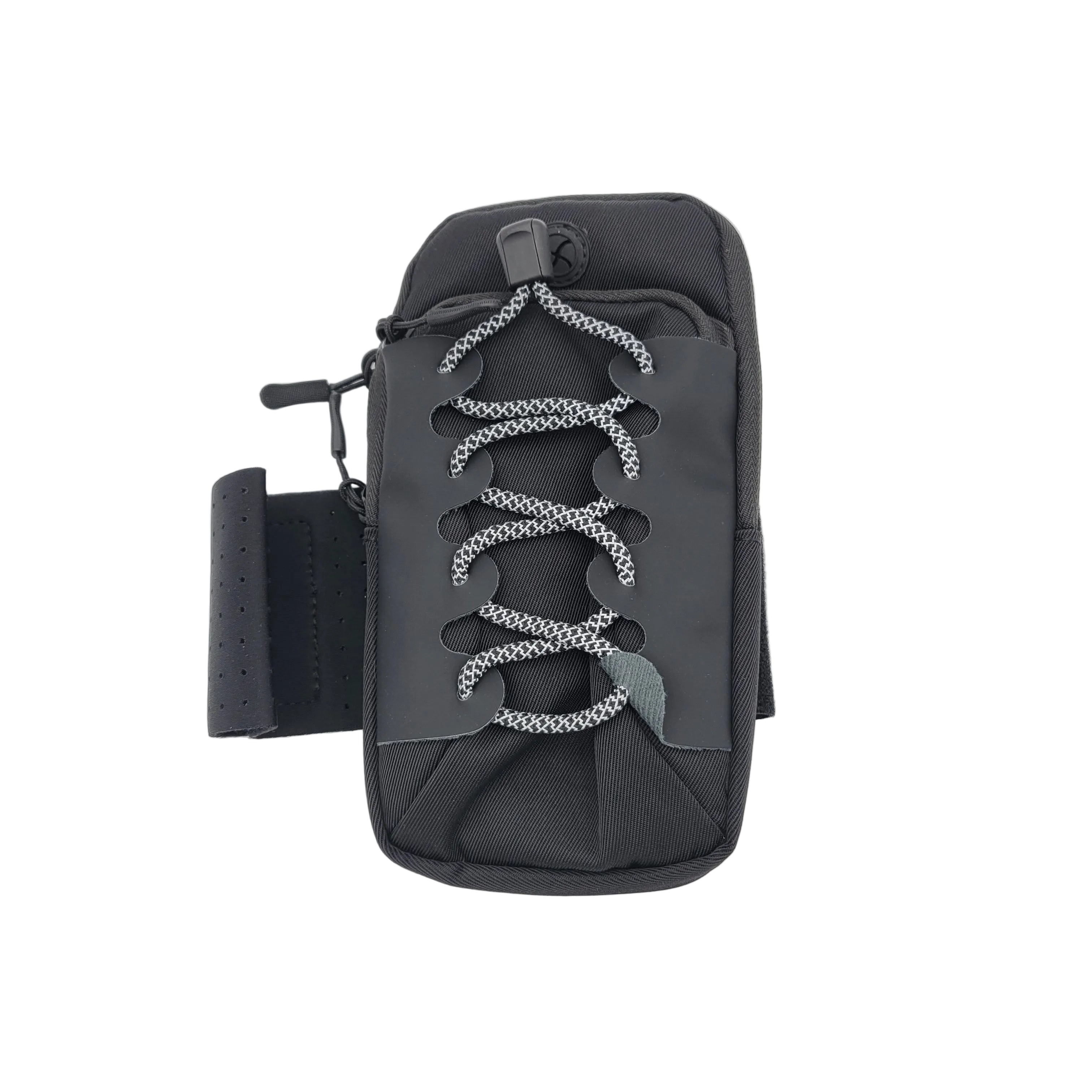 Black phone pouch with lanyard holder on a white background