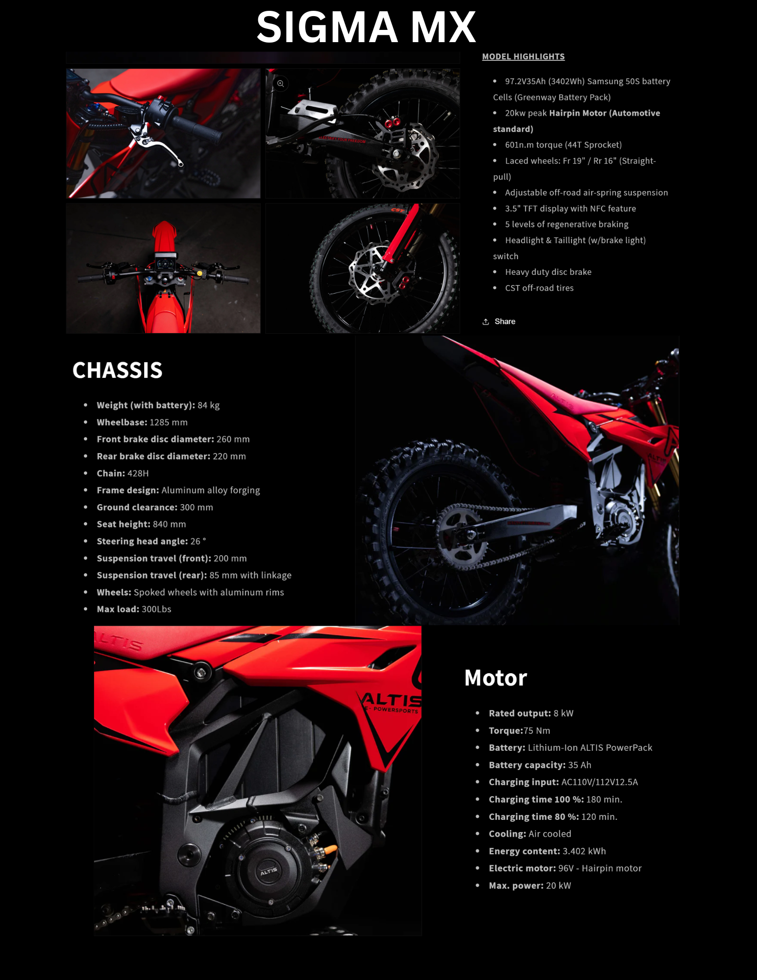 2025 Altis Sigma - 22kw Electric Dirt Bike