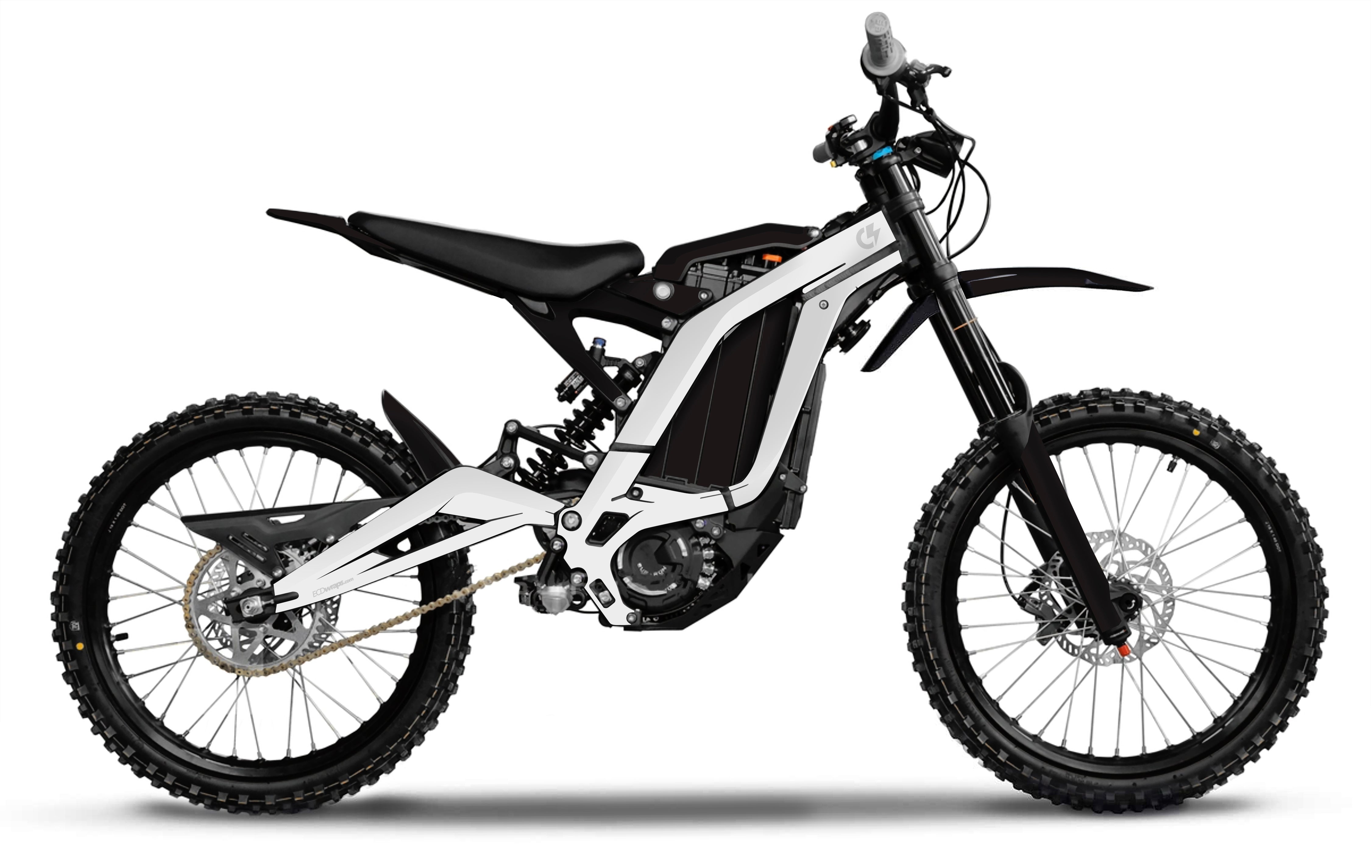 An electric bike with a solid color frame wrap in white, showcasing the bike and wrap.