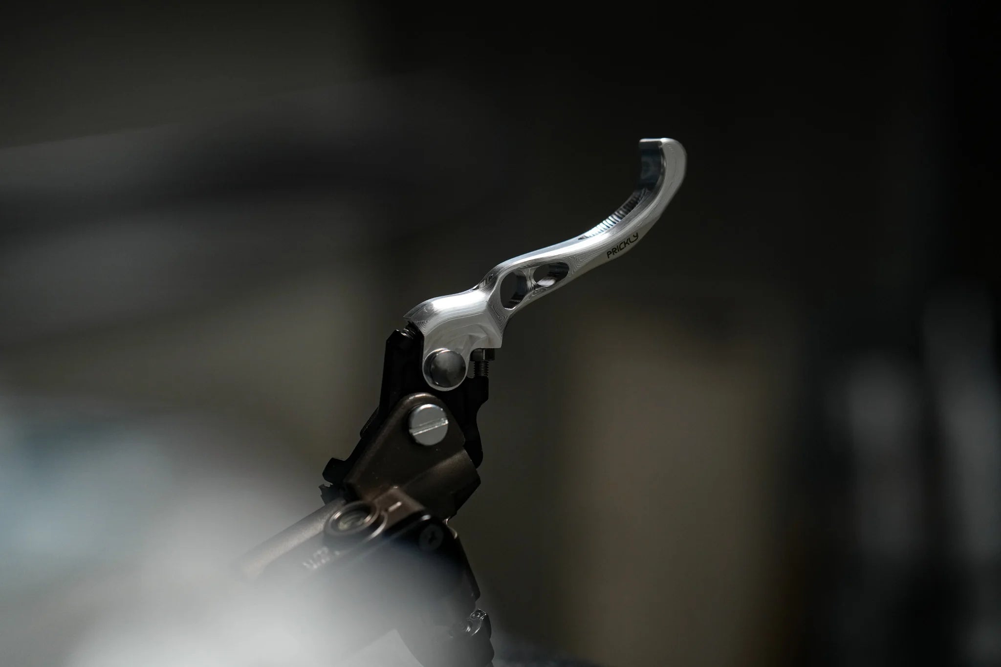 Close-up of a Prickly Motorsports brake lever with a blurred background