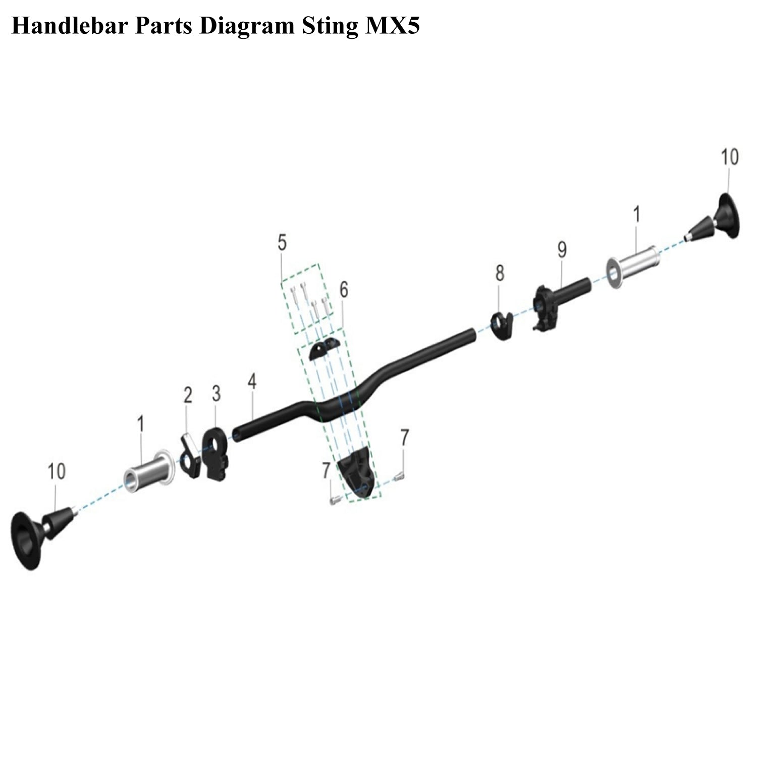 Diagram of handlebar parts for MX5 on a white background
