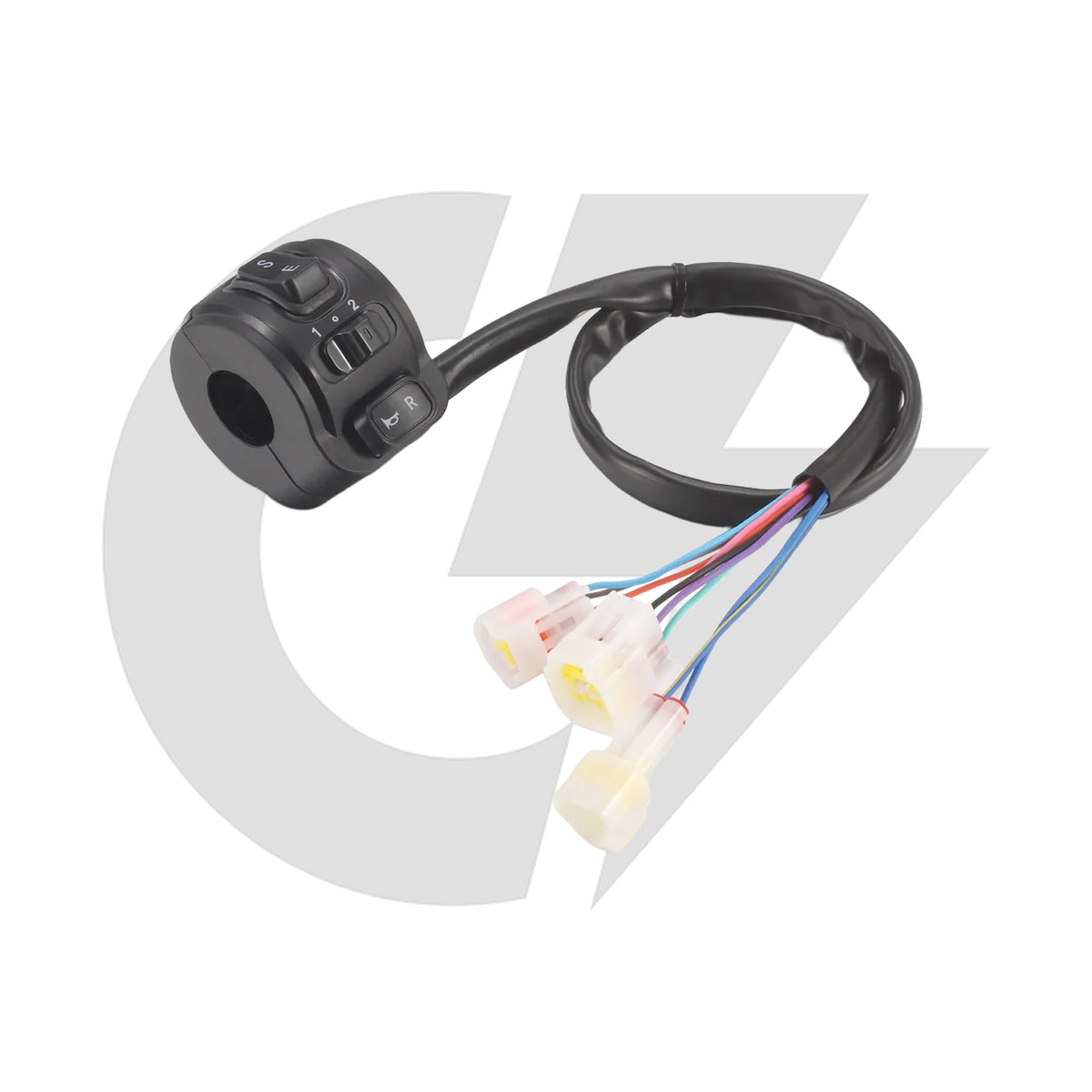 A black motorcycle or scooter handlebar control module with integrated switch buttons and a looped wiring harness ending in multi-colored connector plugs, shown on a white background with a faint gray watermark.