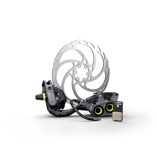 Gustav PRO E-MTB brakes collage showing front and rear calipers, lever, and rotor components