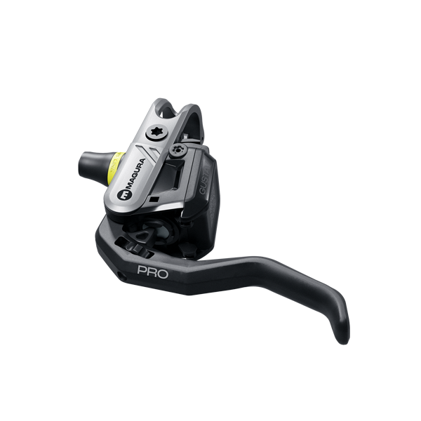 Gustav PRO E-MTB brake master cylinder featuring 12 mm piston, 7 ml oil volume, and EASY LINK hydraulic connection in black anodized finish.