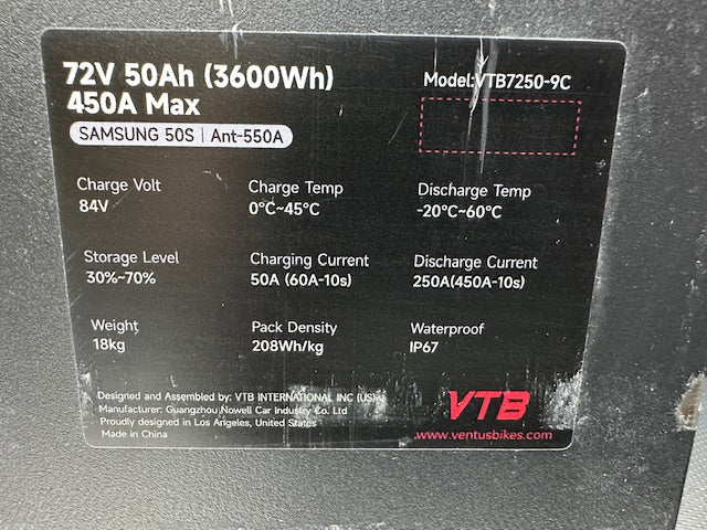 Used VTB Evo GT 72v 50ah Battery 28kw + Charger