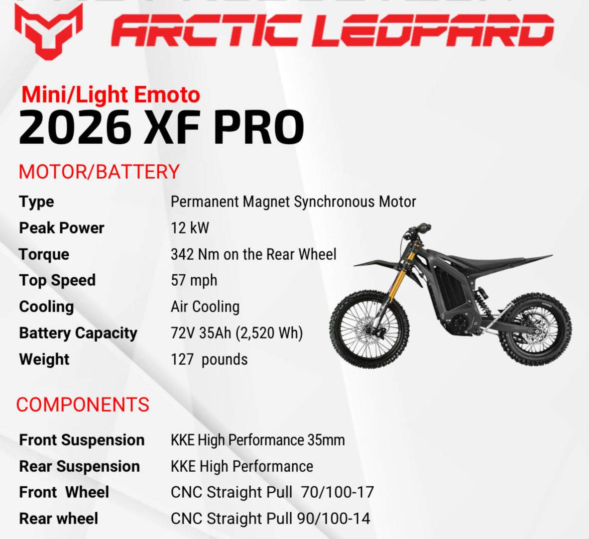 Arctic Leopard XE Pro S | 72V 55Ah Electric Dirt Bike | Charged