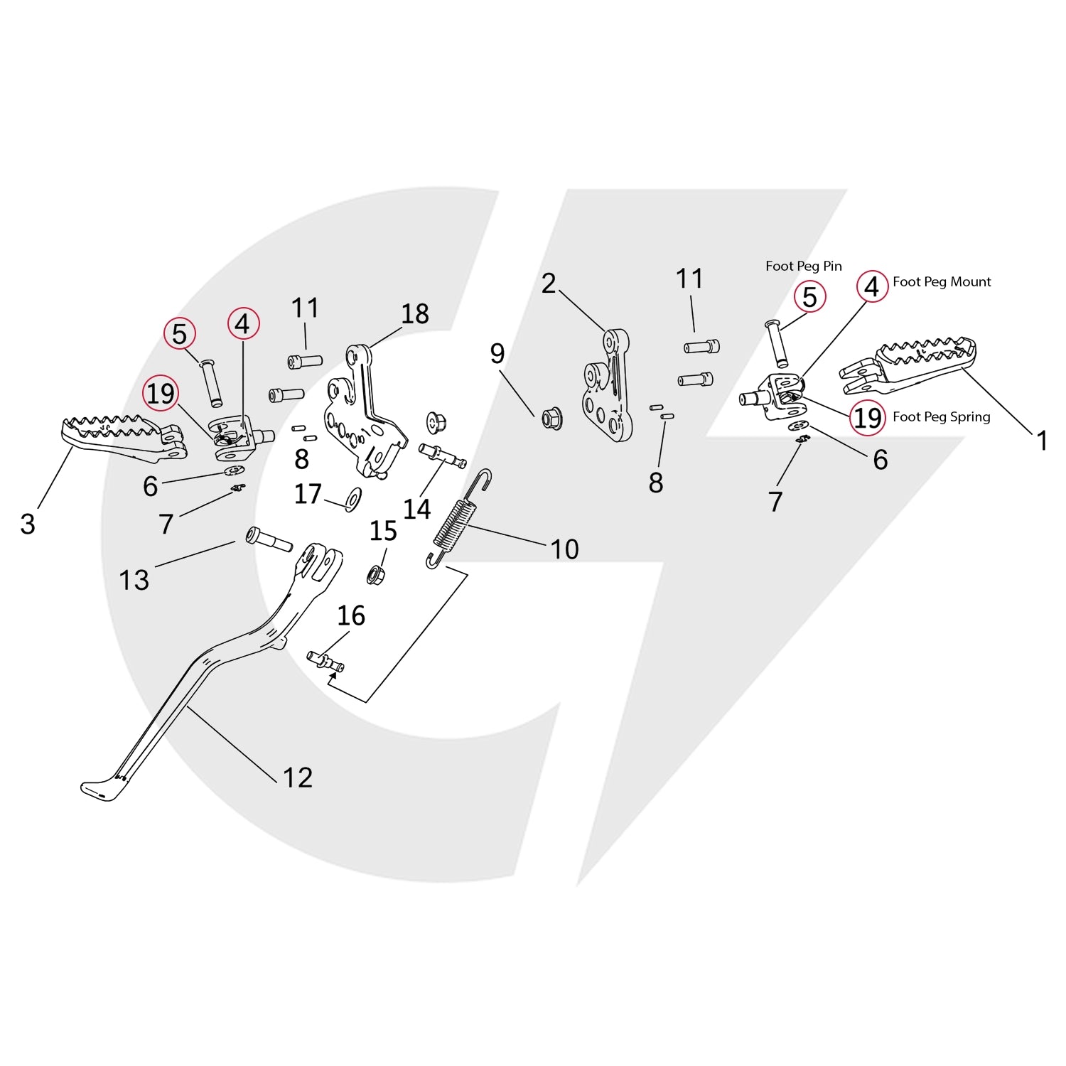 Technical diagram of motorcycle foot peg components with labeled parts on a white background