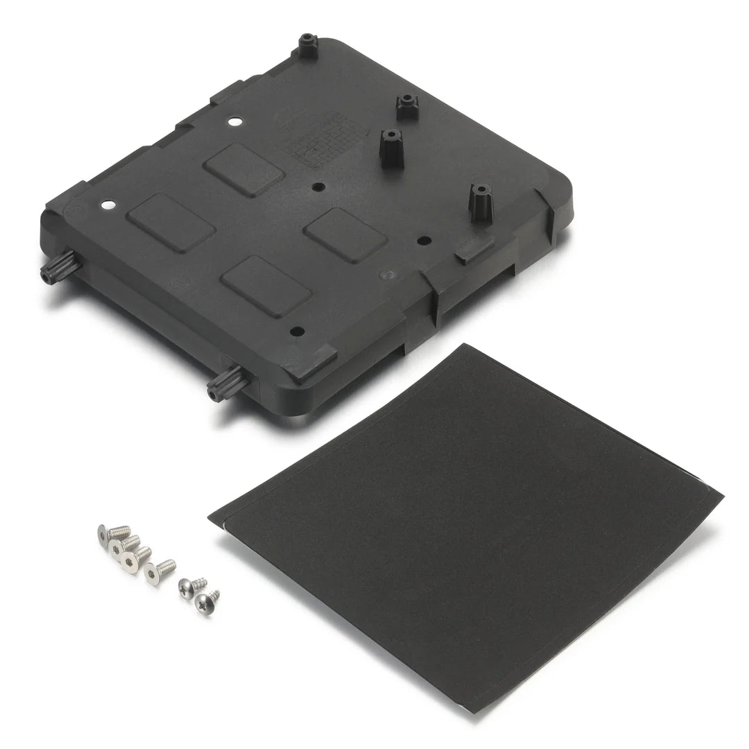 Black OEM battery cover component with screws on a white background
