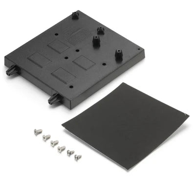 Black OEM battery cover component with screws on a white background