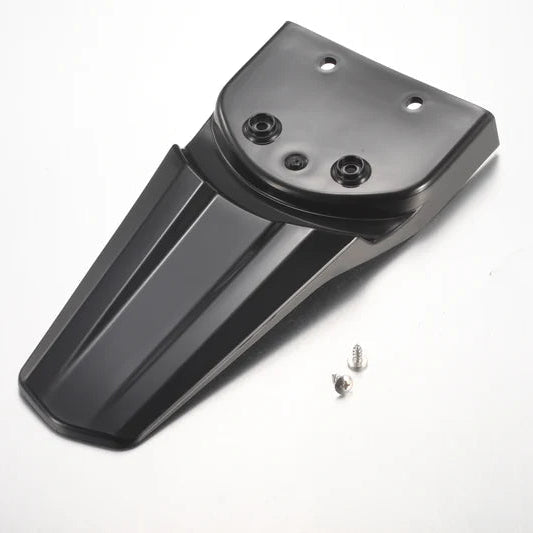 Black motorcycle fender with mounting hardware on a white background