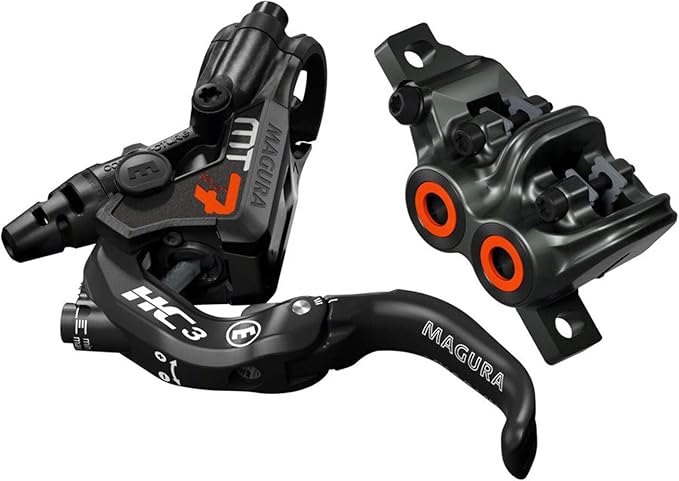 Two black brake calipers with orange accents on a white background