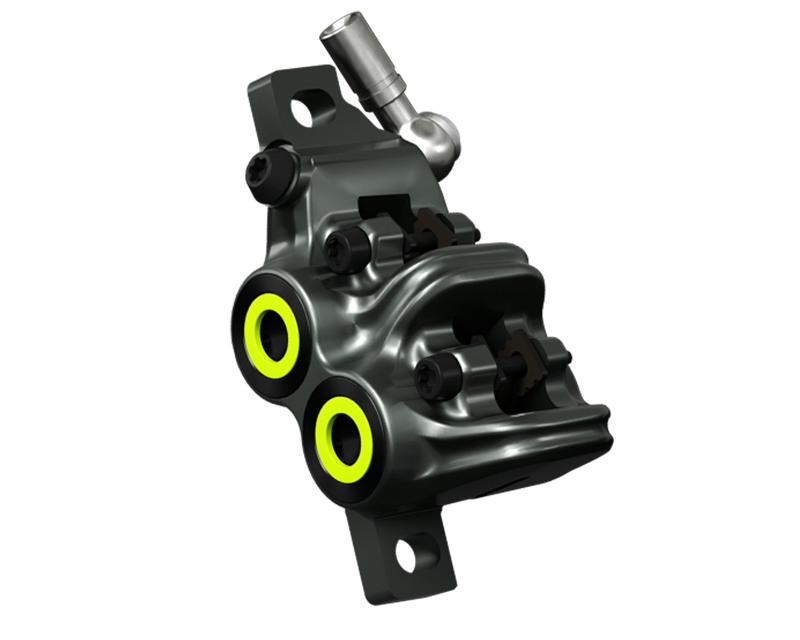 Brake caliper with yellow accents on a white background