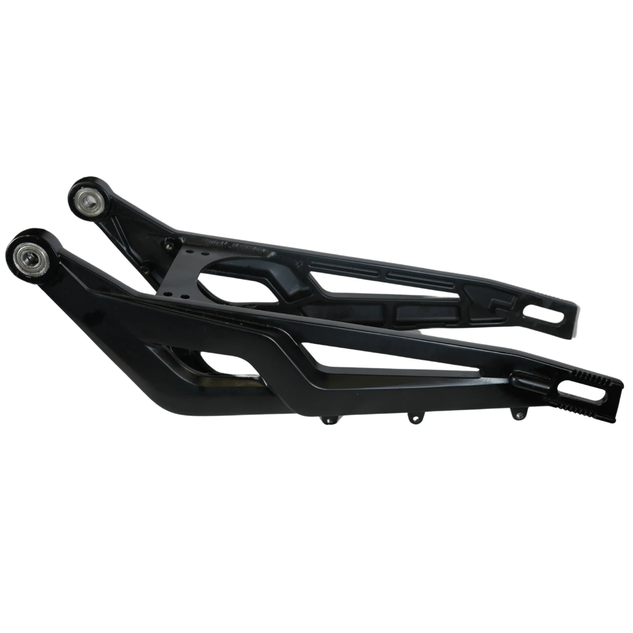 Black metal swing arm bike frame on a white background